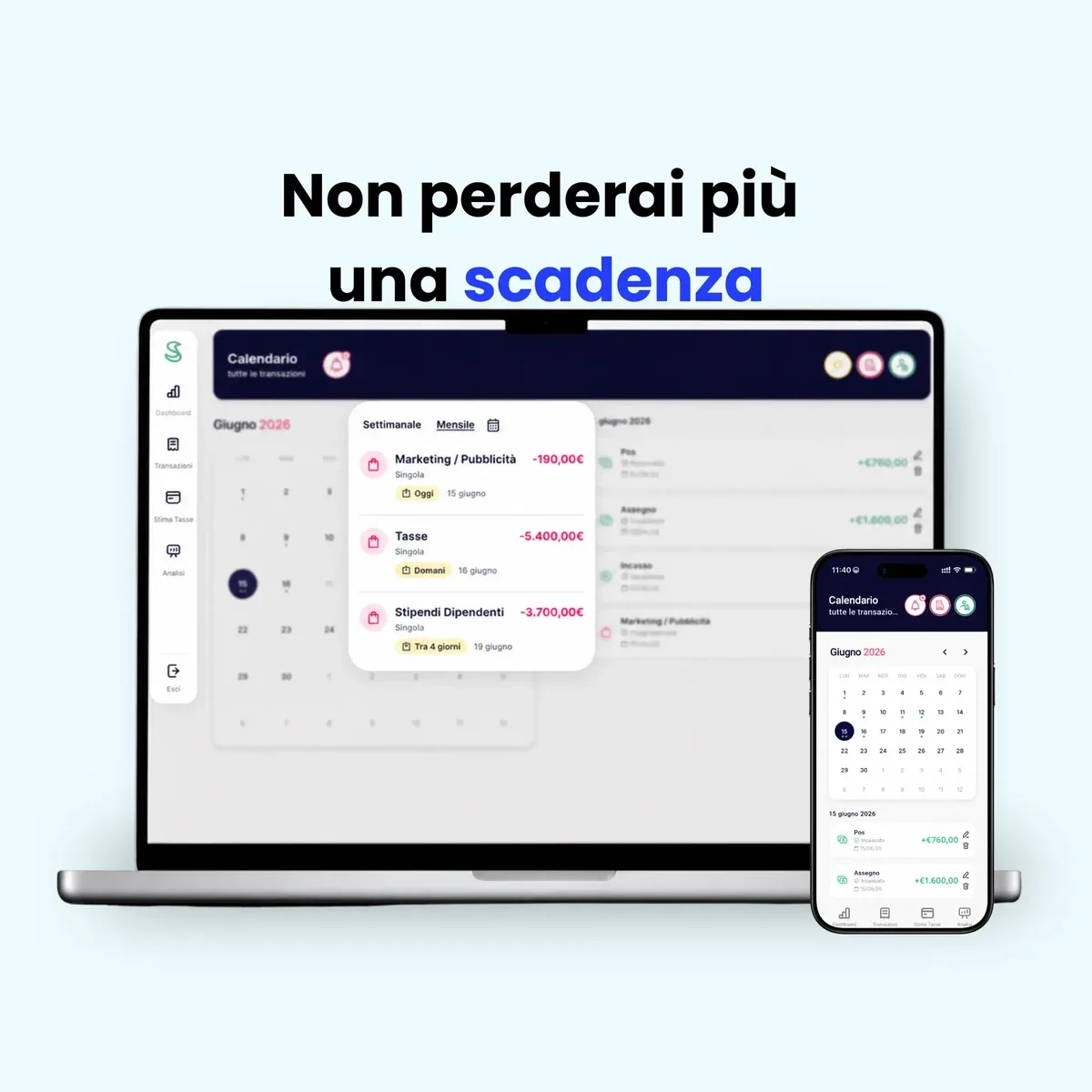Calendario delle scadenze dell'attività con promemoria dei pagamenti in Simple Budget Business