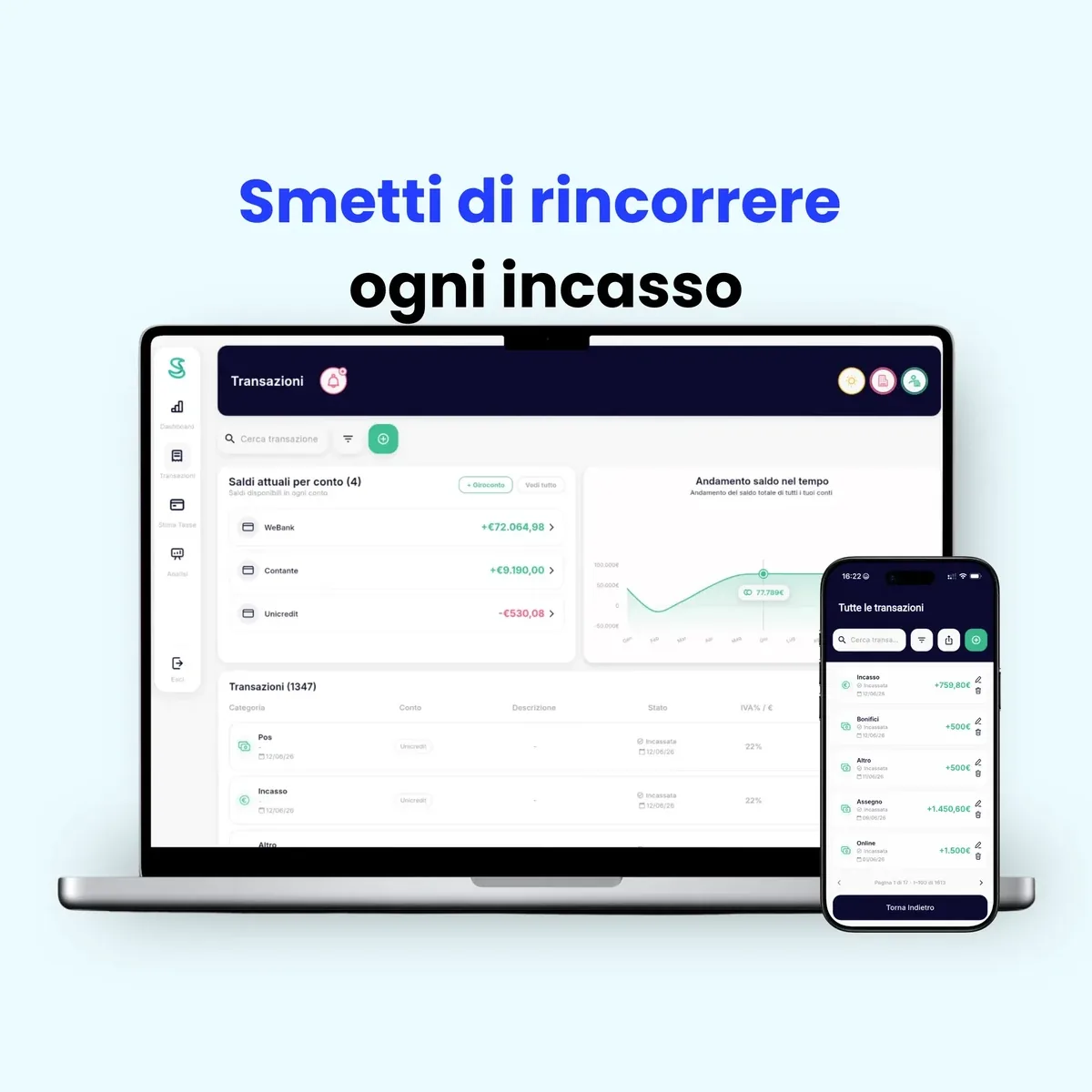 Incassi e liquidità dell'attività in Simple Budget Business, su computer e smartphone