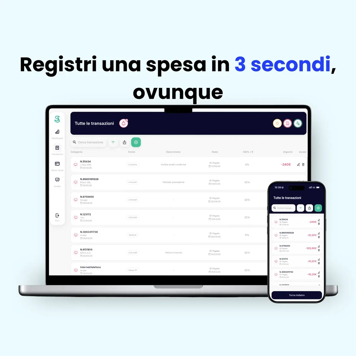 Registrazione delle spese dell'attività in Simple Budget Business, da computer e smartphone