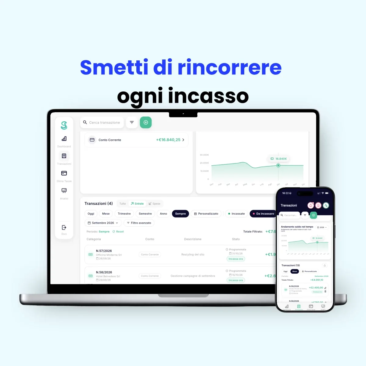 Fatture da incassare in Simple Budget, con scadenza e pulsante Incassa ora