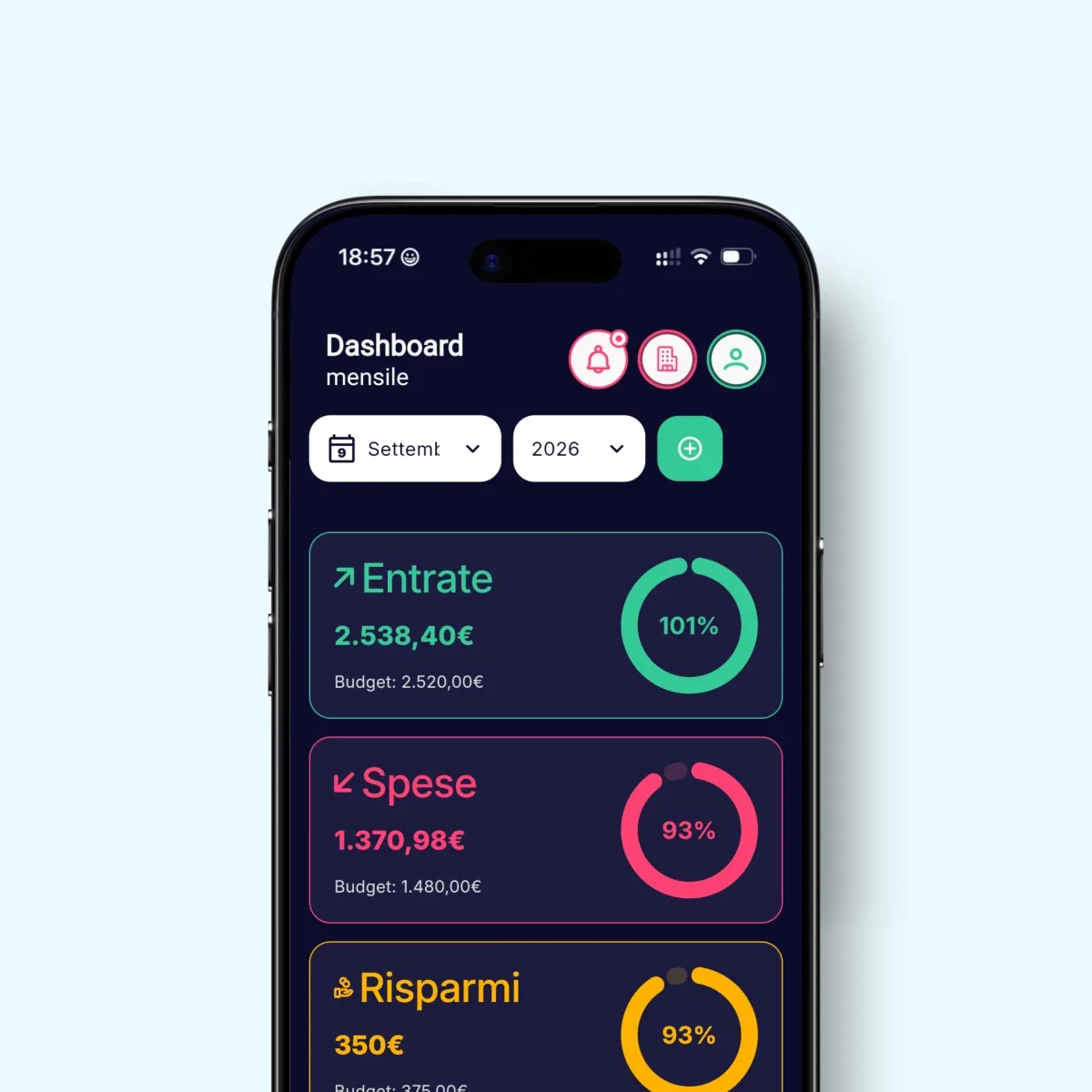 App Simple Budget Personal con il tema scuro su iPhone: entrate, spese e risparmi del mese