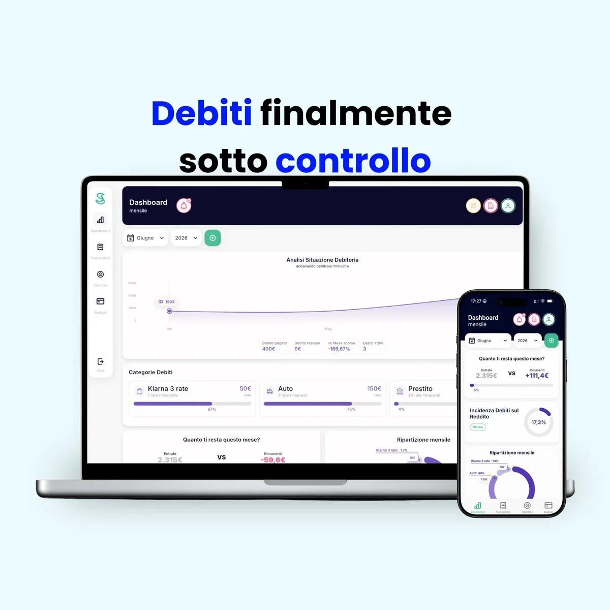 Debiti e rate in Simple Budget Personal: quanto resta da pagare, su computer e smartphone