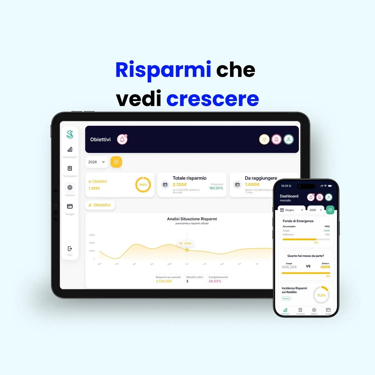 Obiettivi di risparmio e progressi in Simple Budget Personal, su tablet e smartphone
