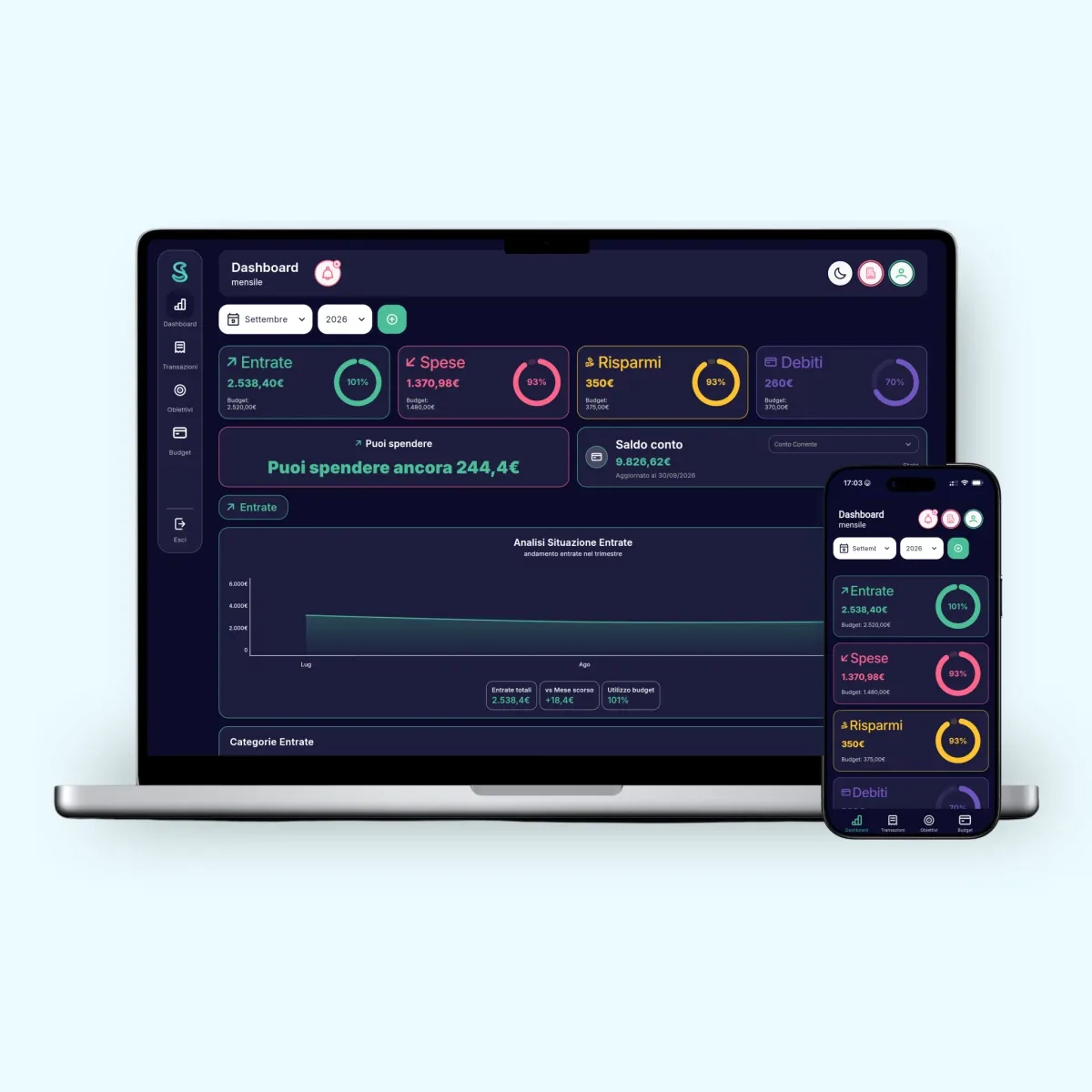 App Simple Budget PRO con il tema scuro su computer e telefono