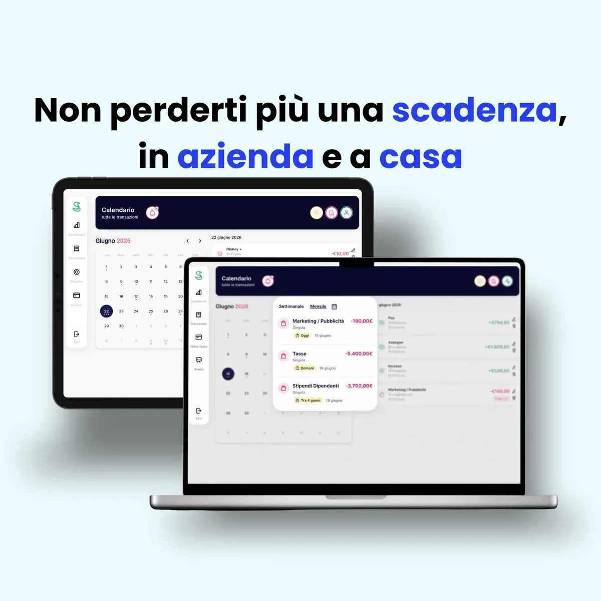 Calendario con le scadenze di casa e dell'attività e i promemoria, in Simple Budget PRO
