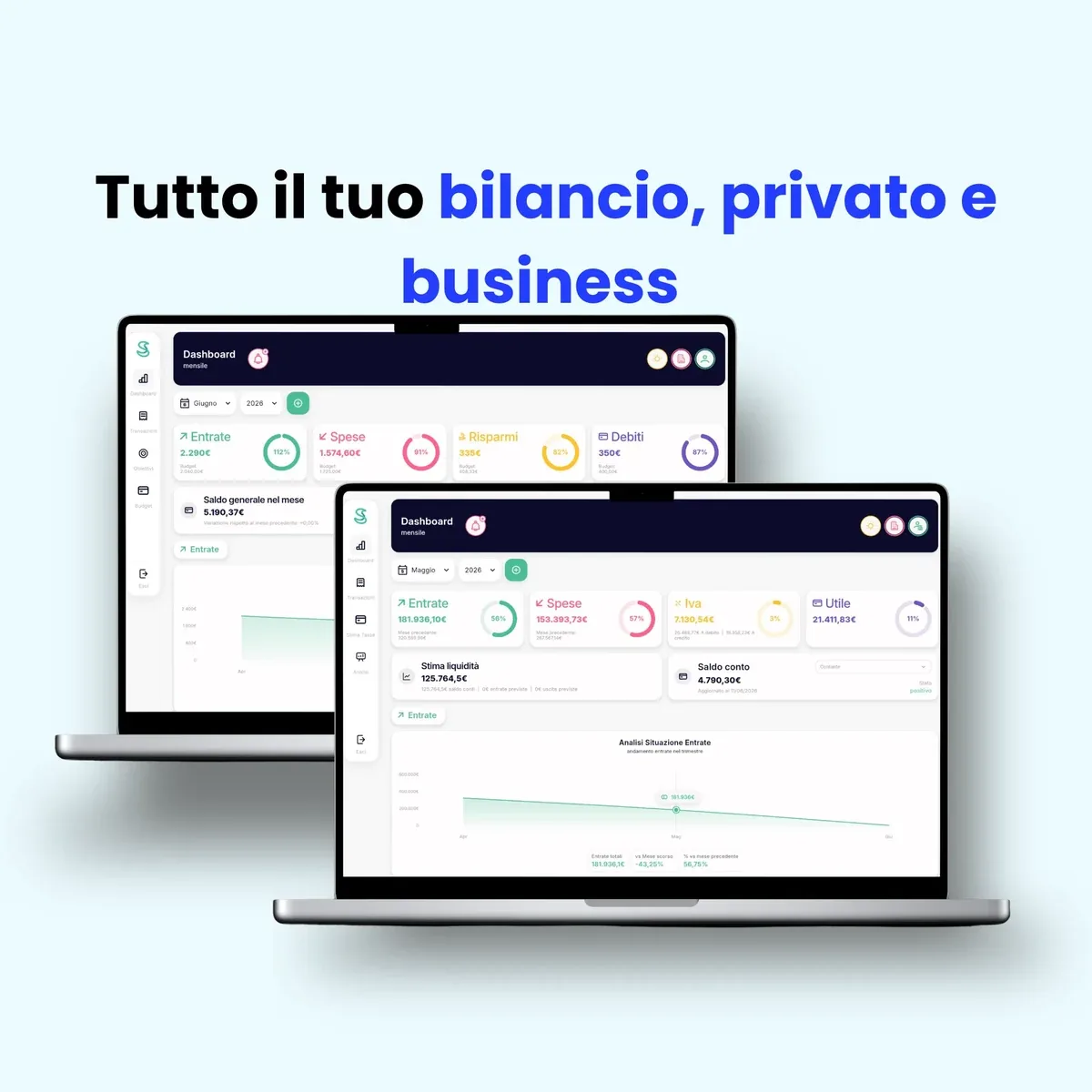 Dashboard di Simple Budget PRO con le finanze personali e quelle dell'attività nella stessa app