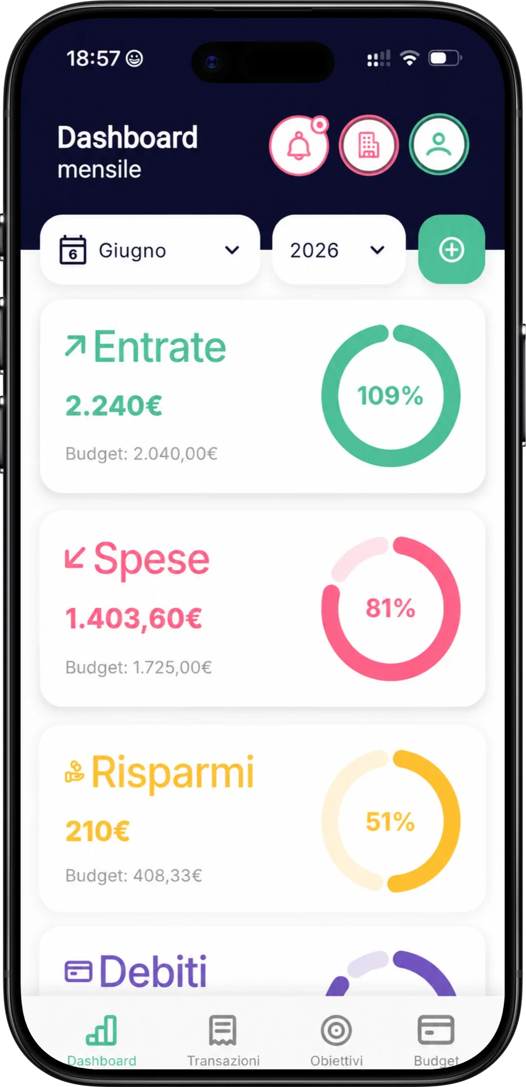 App Simple Budget su iPhone: la dashboard del mese