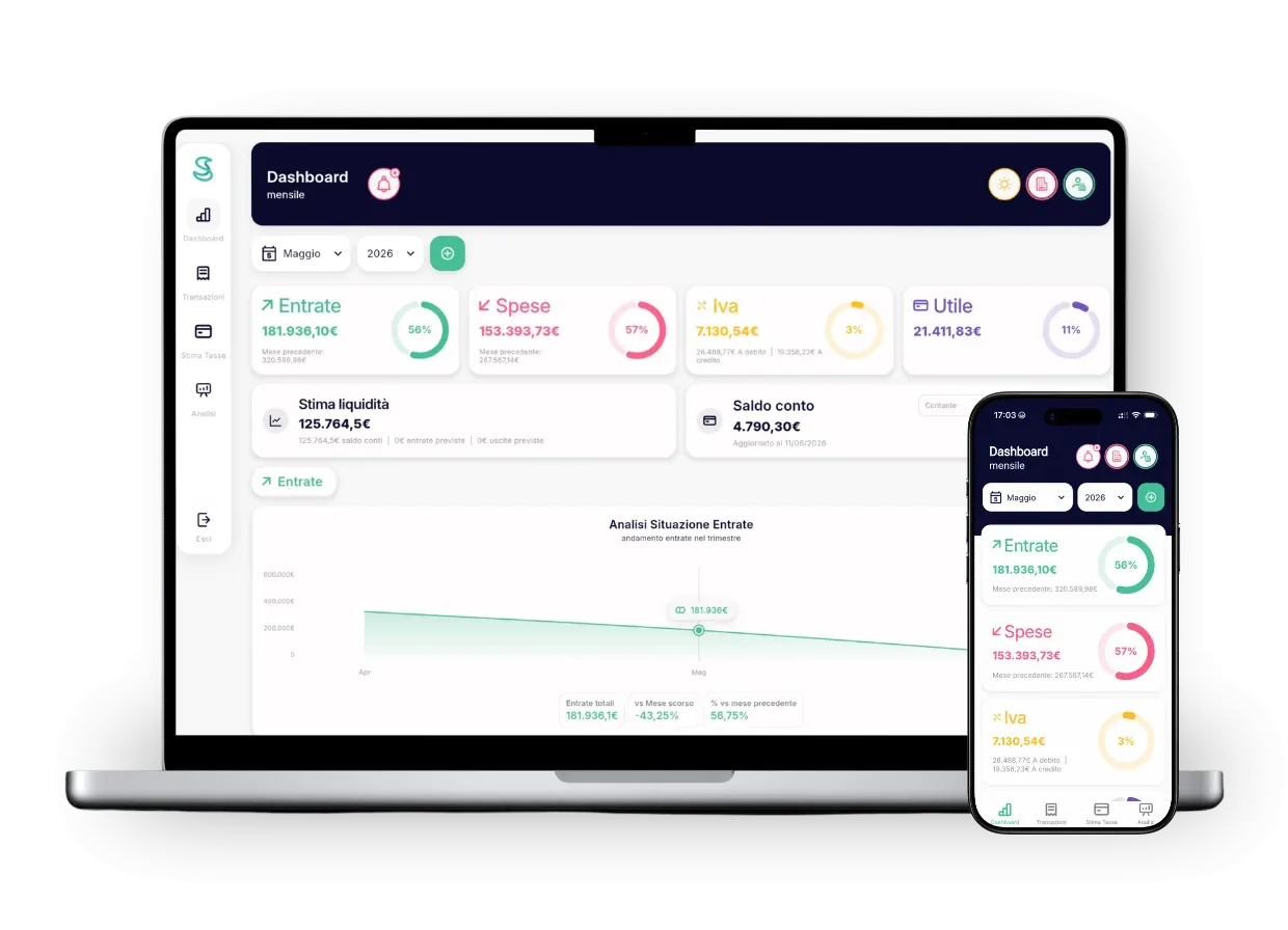 Simple Budget Business per la partita IVA su computer e smartphone: la dashboard del mese con entrate, spese, IVA e utile